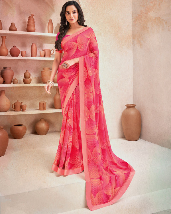 Vishal Prints Red Pink Printed Georgette Saree With Fancy Border