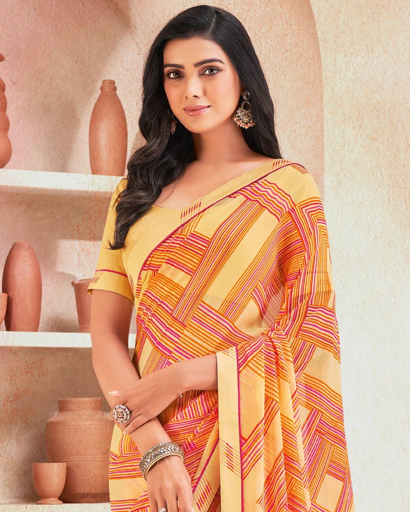 Vishal Prints Light Mustard Printed Georgette Saree With Fancy Border