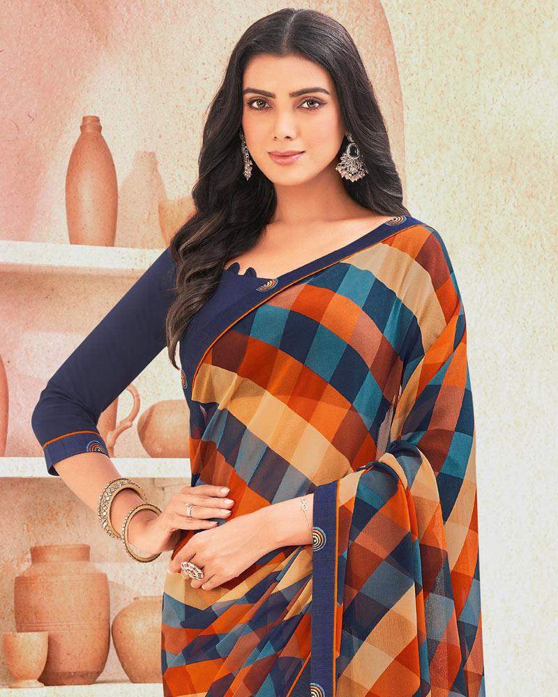 Vishal Prints Navy Blue Printed Georgette Saree With Fancy Border