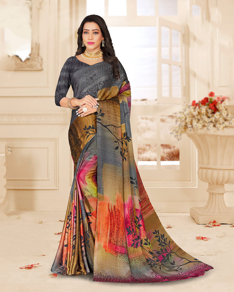 Vishal Prints Dark Grey Digital Print Satin Saree With Stone Diamond Work And Core Piping