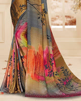 Vishal Prints Dark Grey Digital Print Satin Saree With Stone Diamond Work And Core Piping
