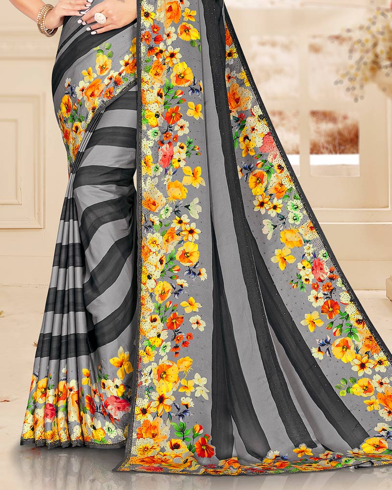 Vishal Prints Grey Digital Print Satin Saree With Stone Diamond Work And Core Piping