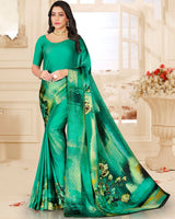 Vishal Prints Dark Mint Green Digital Print Satin Saree With Stone Diamond Work And Core Piping