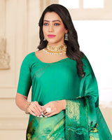 Vishal Prints Dark Mint Green Digital Print Satin Saree With Stone Diamond Work And Core Piping