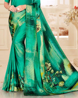 Vishal Prints Dark Mint Green Digital Print Satin Saree With Stone Diamond Work And Core Piping