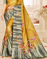 Vishal Prints Mustard Digital Print Satin Saree With Stone Diamond Work And Core Piping