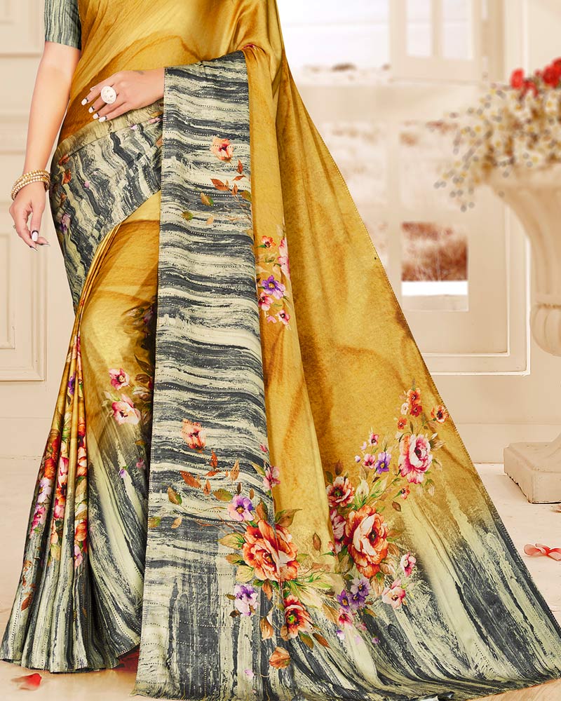 Vishal Prints Mustard Digital Print Satin Saree With Stone Diamond Work And Core Piping