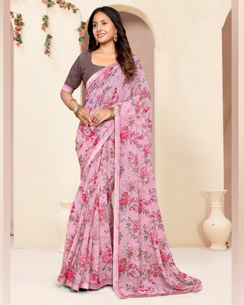 Vishal Prints Pastel Pink Printed Georgette Saree With Fancy Border