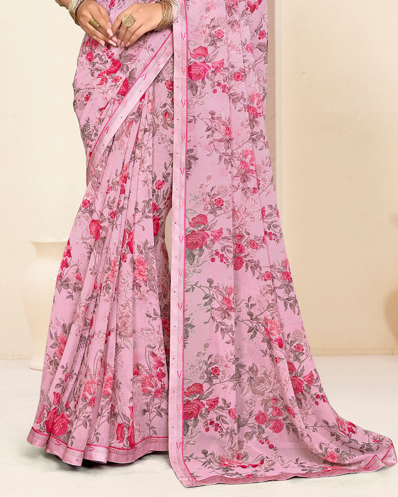 Vishal Prints Pastel Pink Printed Georgette Saree With Fancy Border