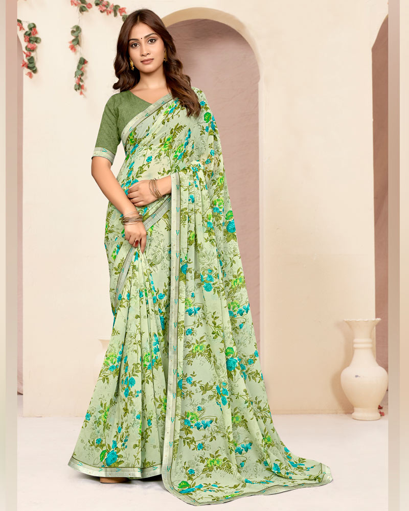 Vishal Prints Light Moss Green Printed Georgette Saree With Fancy Border