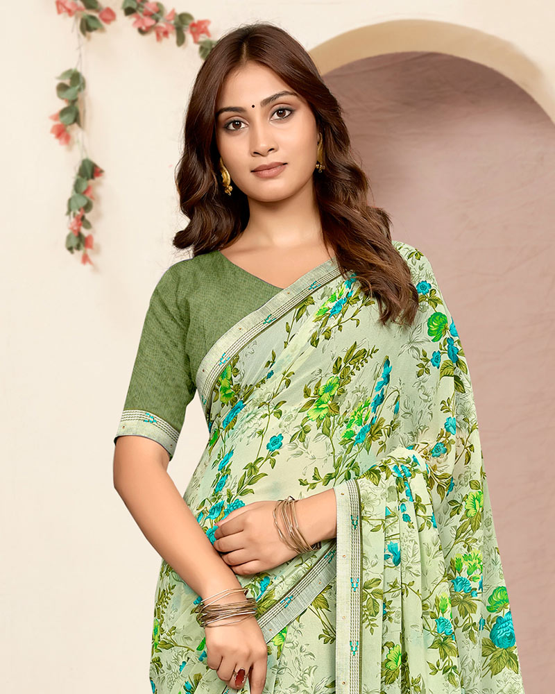 Vishal Prints Light Moss Green Printed Georgette Saree With Fancy Border