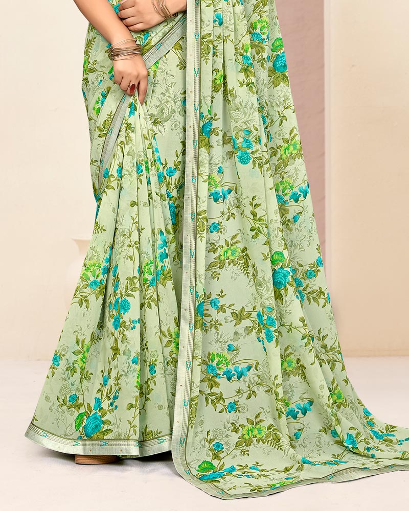 Vishal Prints Light Moss Green Printed Georgette Saree With Fancy Border