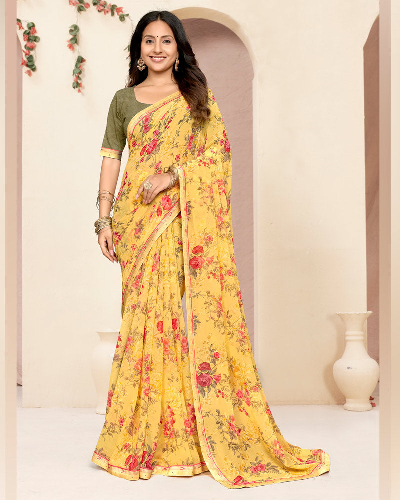 Vishal Prints Light Apricot Yellow Printed Georgette Saree With Fancy Border