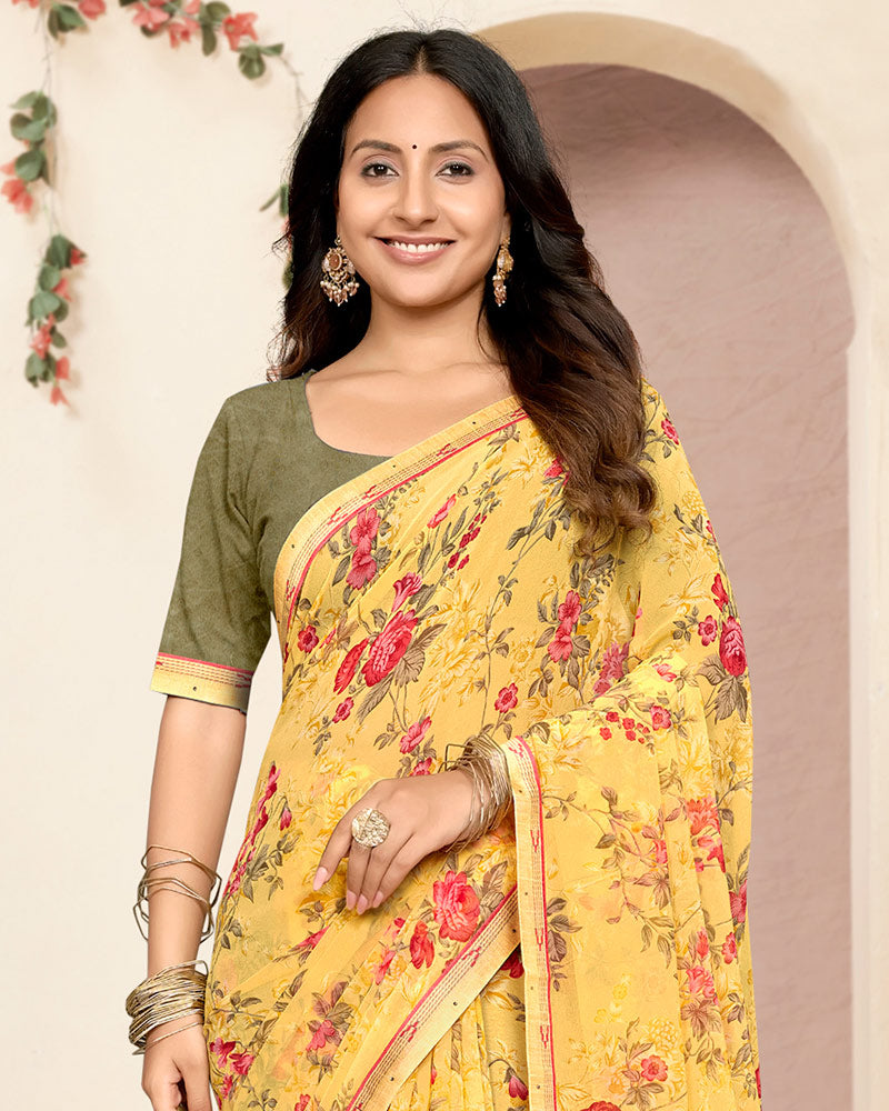 Vishal Prints Light Apricot Yellow Printed Georgette Saree With Fancy Border