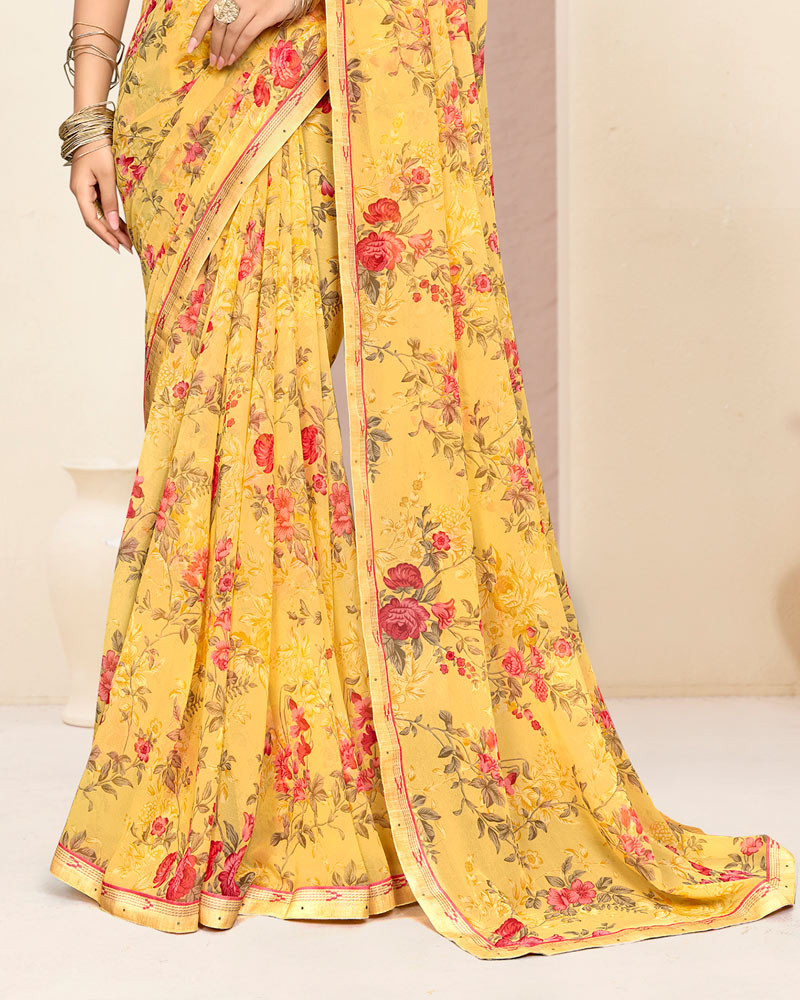 Vishal Prints Light Apricot Yellow Printed Georgette Saree With Fancy Border