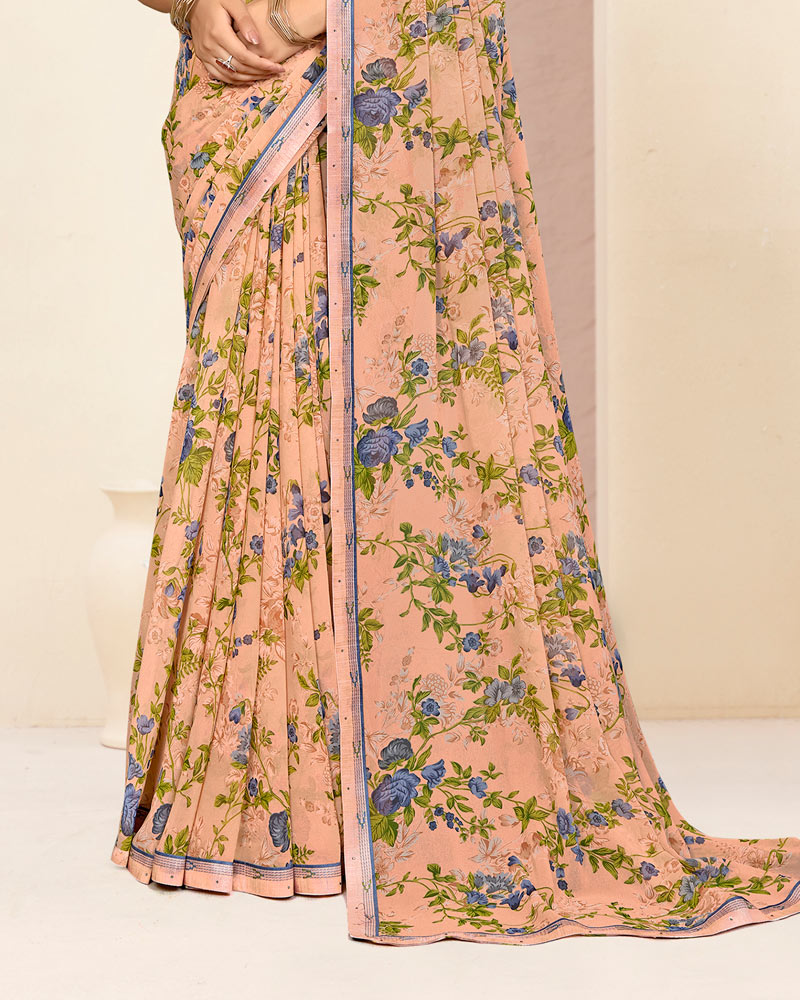 Vishal Prints Light Salmon Orange Printed Georgette Saree With Fancy Border