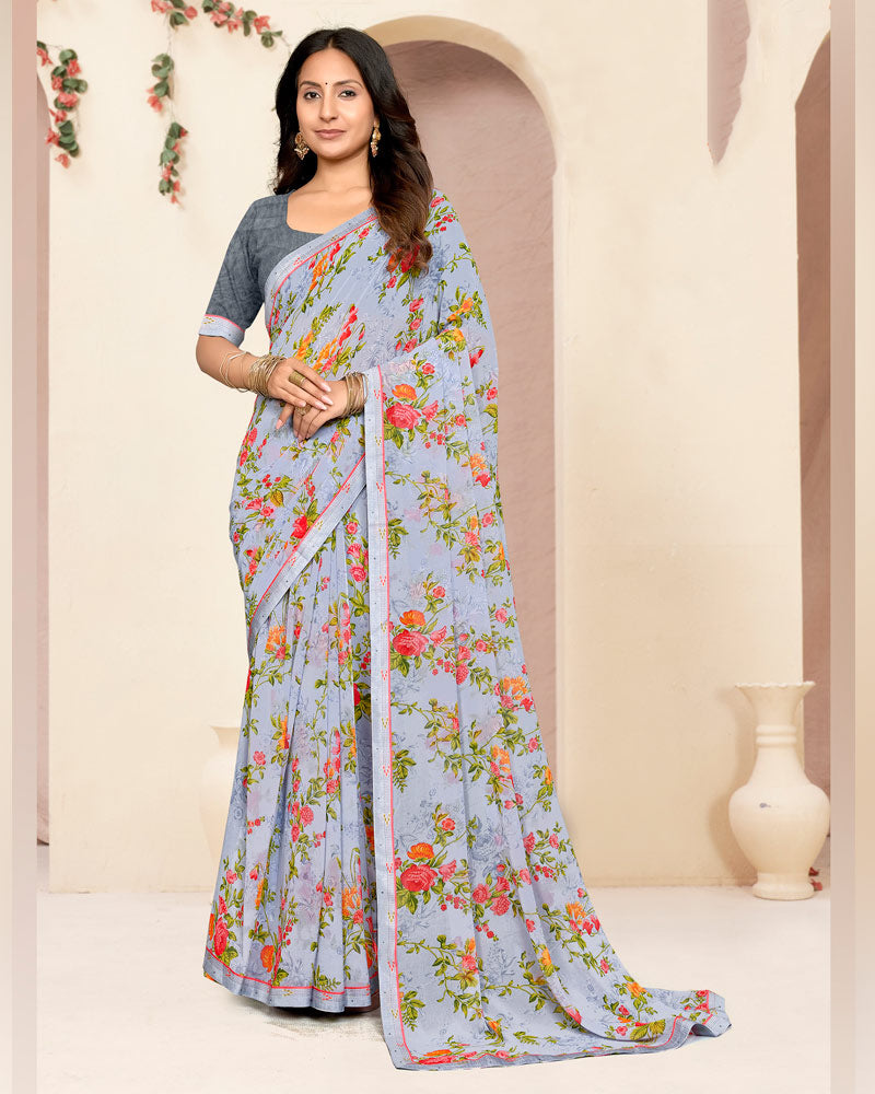 Vishal Prints Light Greyish Blue Printed Georgette Saree With Fancy Border