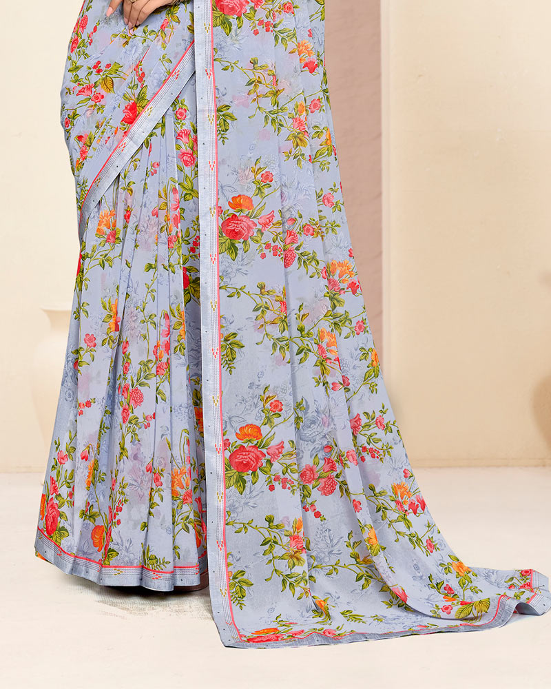 Vishal Prints Light Greyish Blue Printed Georgette Saree With Fancy Border