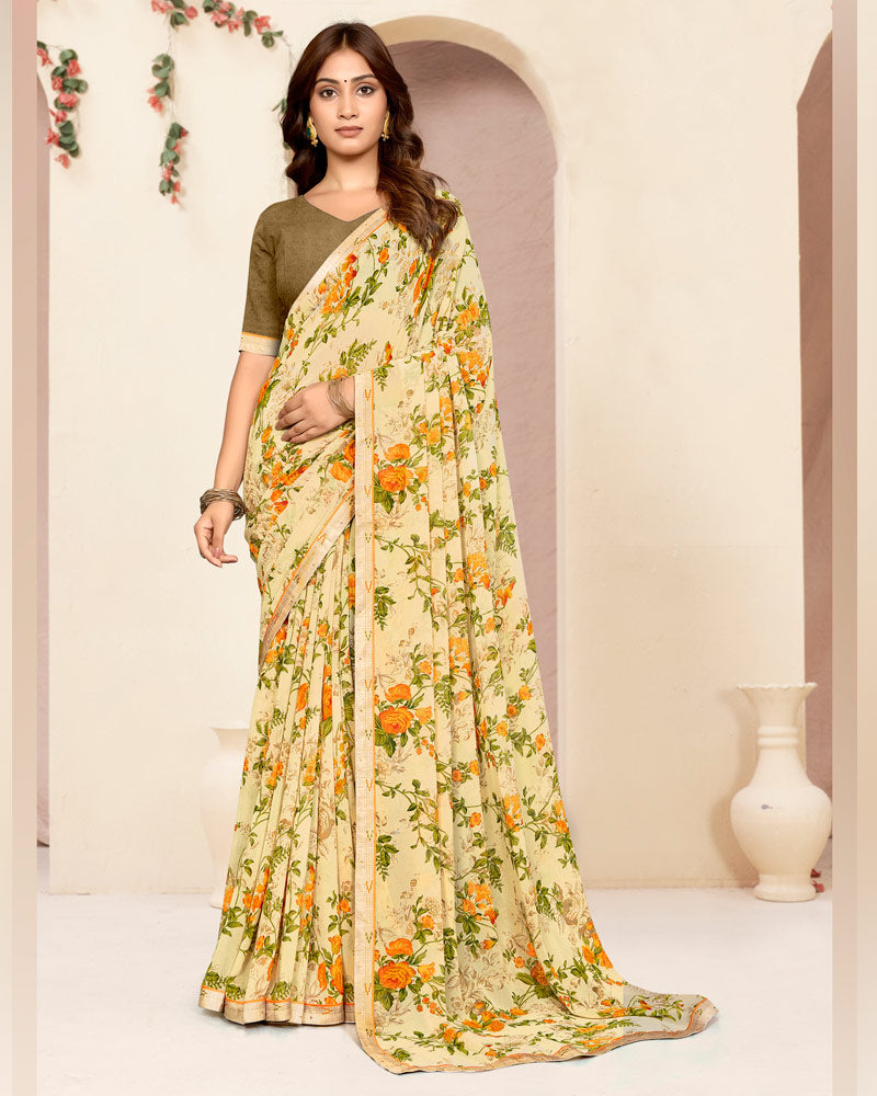 Vishal Prints Light Pastel Yellow Printed Georgette Saree With Fancy Border