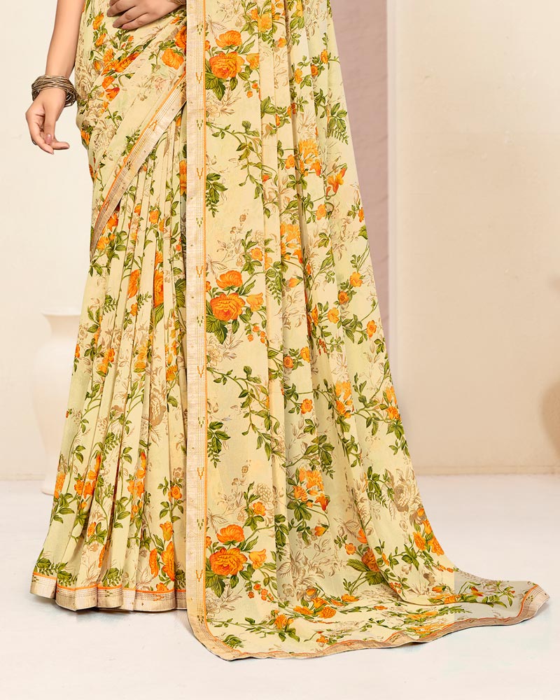 Vishal Prints Light Pastel Yellow Printed Georgette Saree With Fancy Border