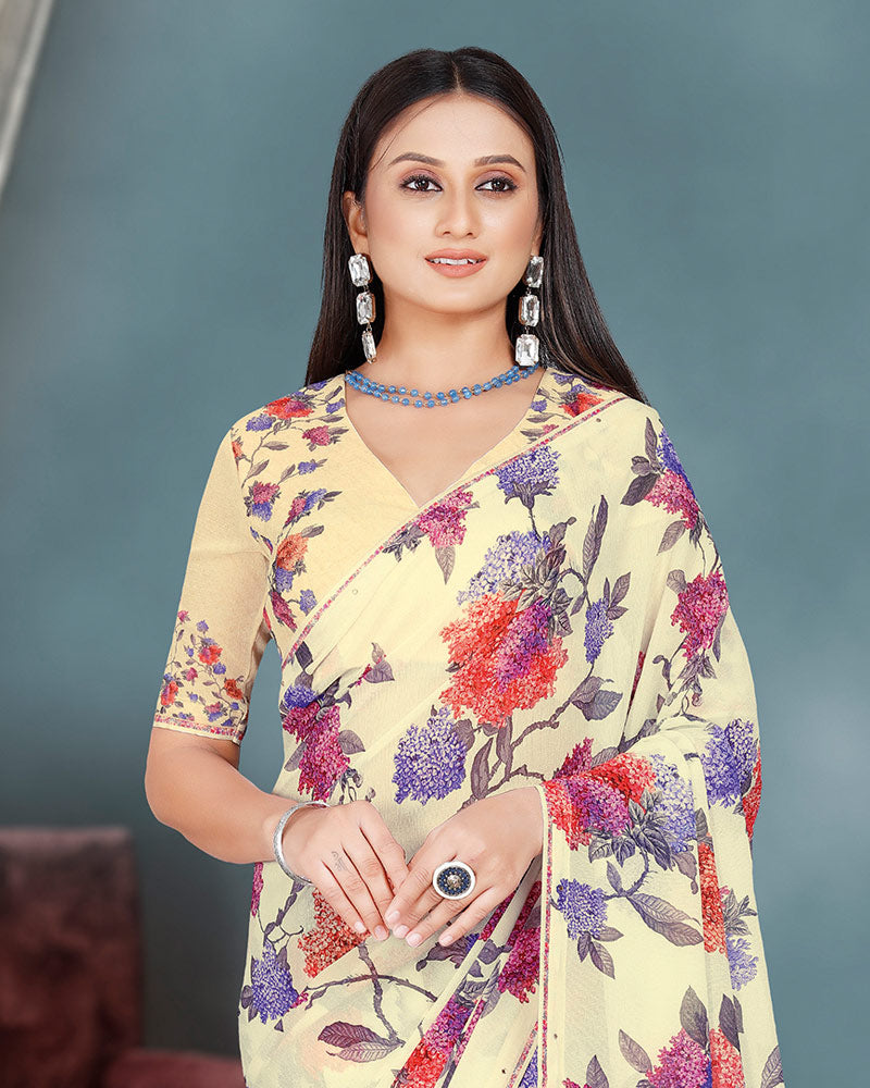 Vishal Prints Ivory And Violet Digital Floral Print Georgette Saree With Piping