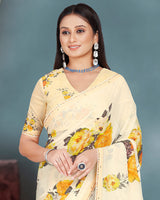 Vishal Prints Ivory And Golden Yellow Digital Floral Print Georgette Saree With Piping