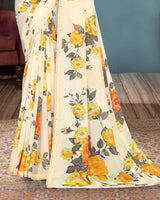 Vishal Prints Ivory And Golden Yellow Digital Floral Print Georgette Saree With Piping