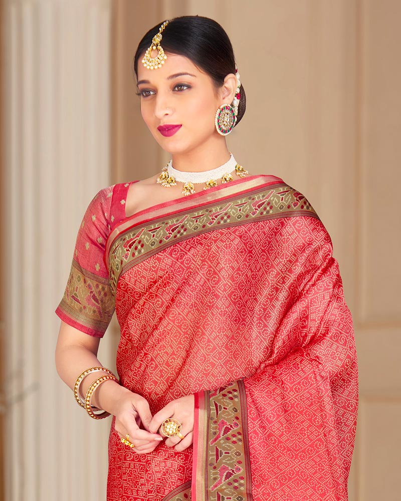 Vishal Prints Pastel Red Poly Cotton Digital Printed Saree With Tassel