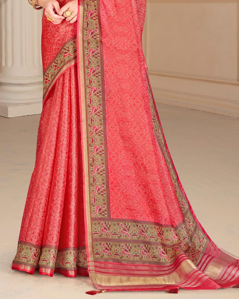 Vishal Prints Pastel Red Poly Cotton Digital Printed Saree With Tassel