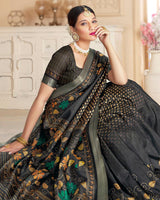Vishal Prints Black Poly Cotton Digital Printed Saree With Tassel