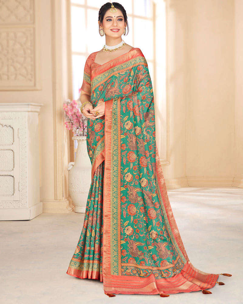 Vishal Prints Dark Mint Green Poly Cotton Digital Printed Saree With Tassel