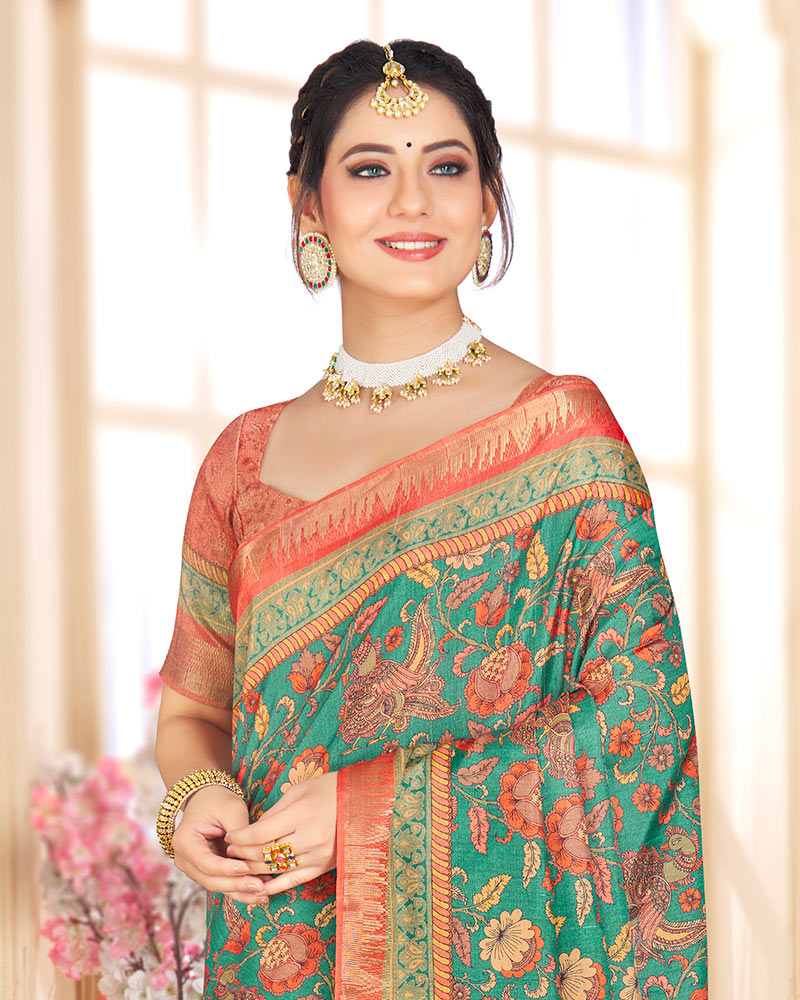 Vishal Prints Dark Mint Green Poly Cotton Digital Printed Saree With Tassel