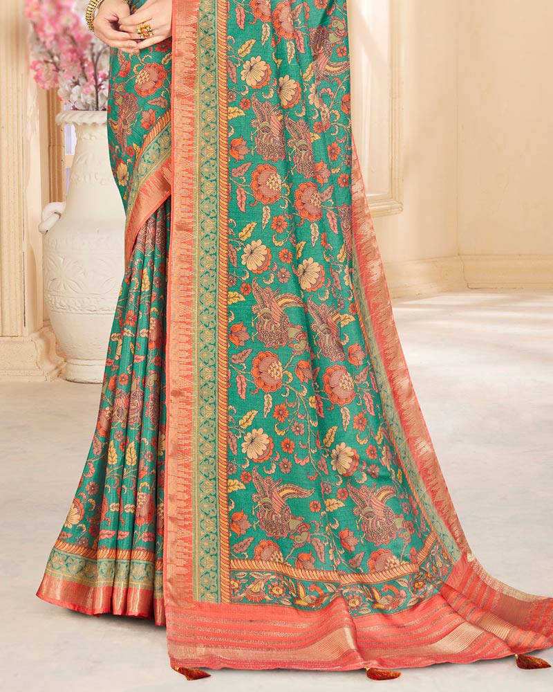 Vishal Prints Dark Mint Green Poly Cotton Digital Printed Saree With Tassel