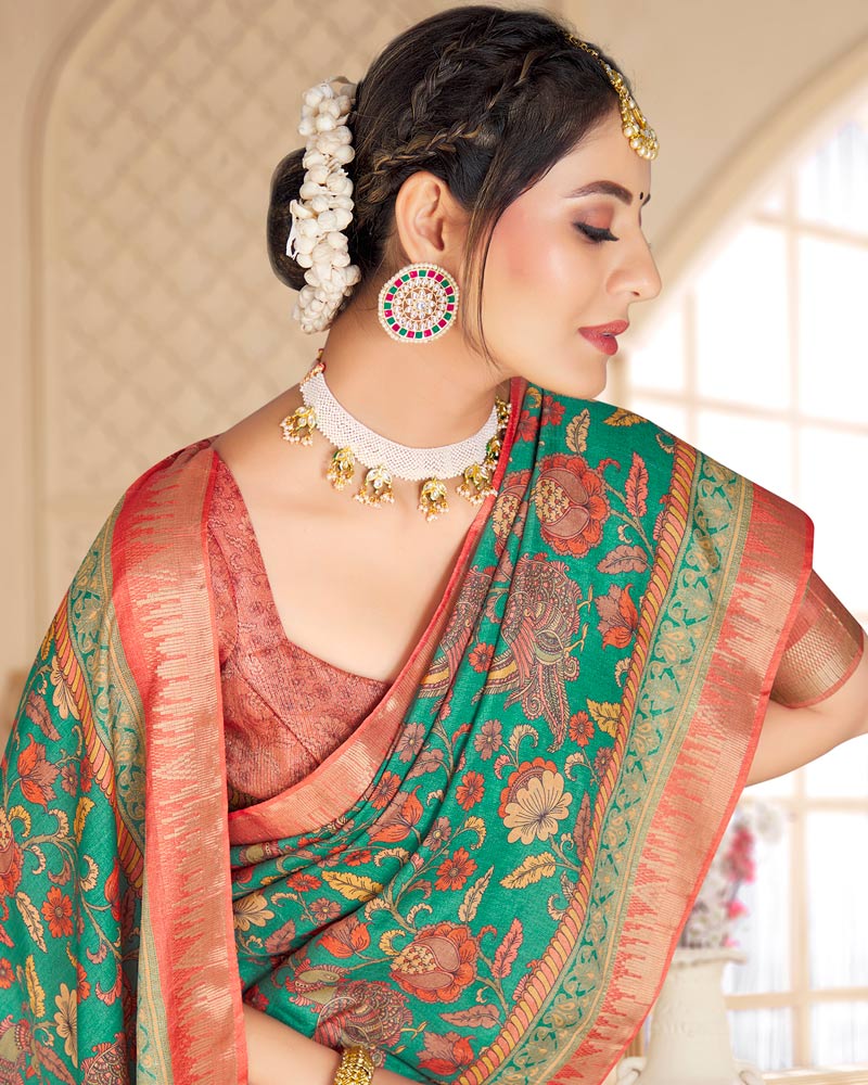 Vishal Prints Dark Mint Green Poly Cotton Digital Printed Saree With Tassel