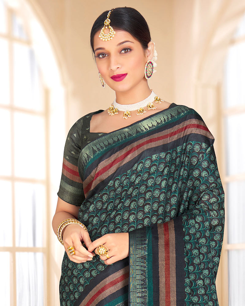 Vishal Prints Rama Green Poly Cotton Digital Printed Saree With Tassel