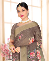 Vishal Prints Coffee Brown Poly Cotton Digital Printed Saree With Tassel