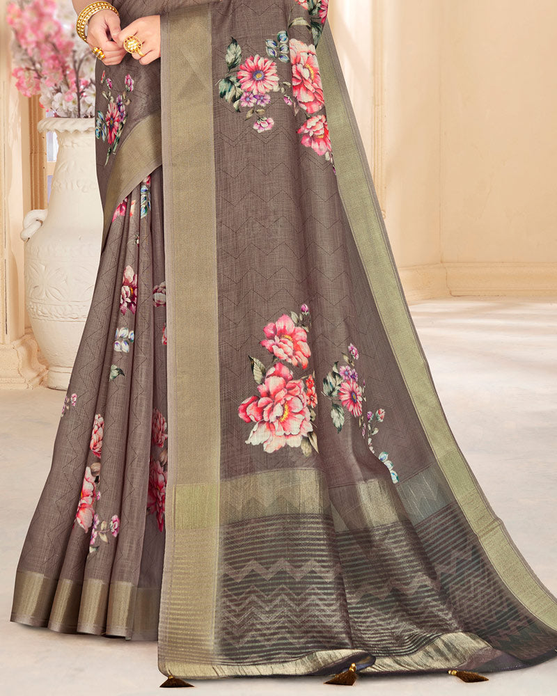 Vishal Prints Coffee Brown Poly Cotton Digital Printed Saree With Tassel