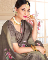 Vishal Prints Coffee Brown Poly Cotton Digital Printed Saree With Tassel