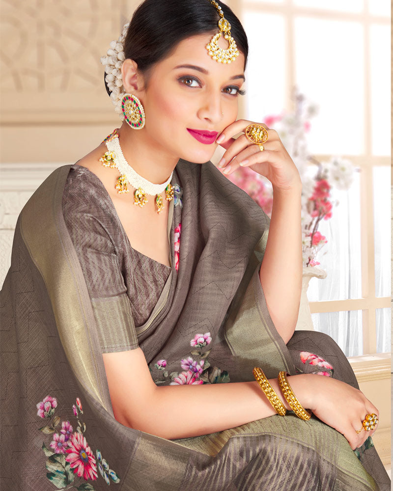 Vishal Prints Coffee Brown Poly Cotton Digital Printed Saree With Tassel