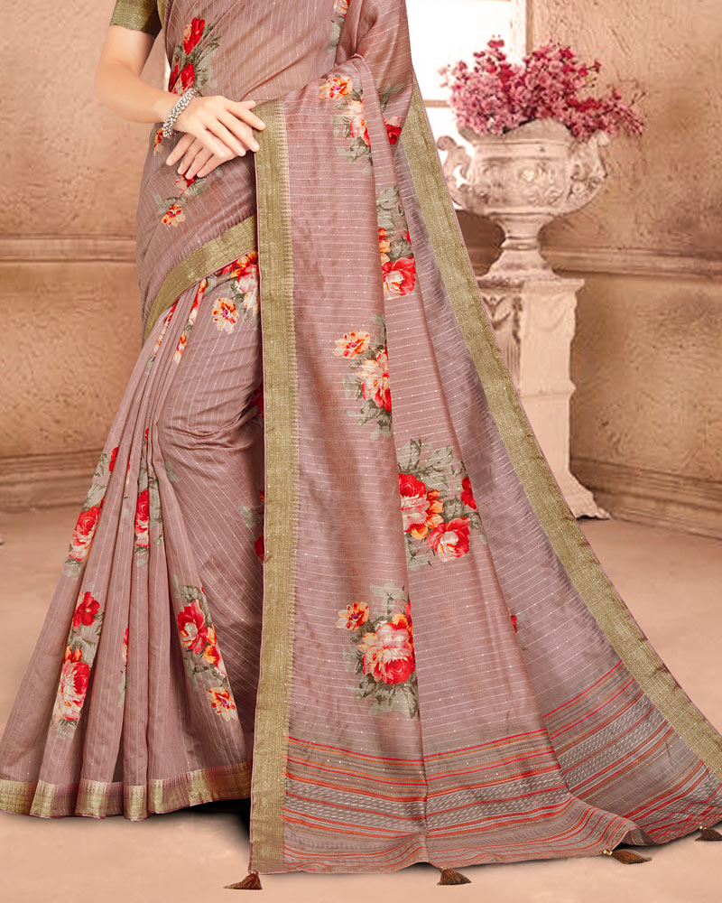 Vishal Prints Brownish Pink Poly Cotton Weaving Printed Saree With Tassel