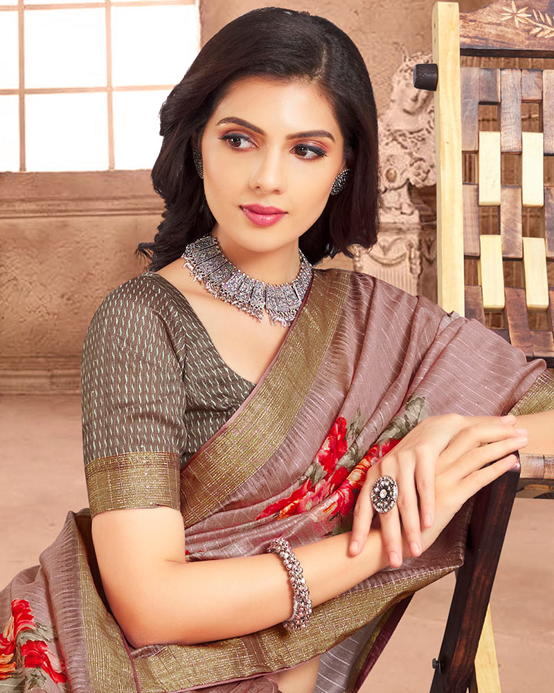 Vishal Prints Brownish Pink Poly Cotton Weaving Printed Saree With Tassel