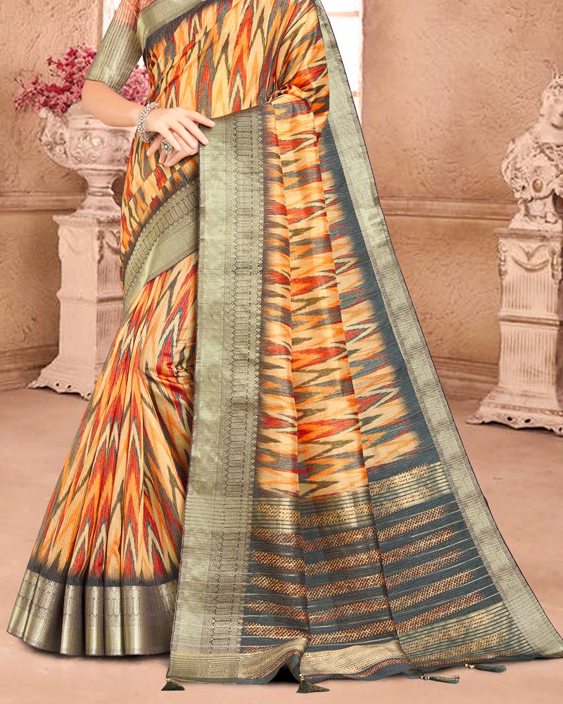 Vishal Prints Multi Poly Cotton Weaving Printed Saree With Tassel
