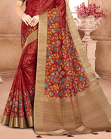 Vishal Prints Brownish Red Poly Cotton Weaving Printed Saree With Tassel