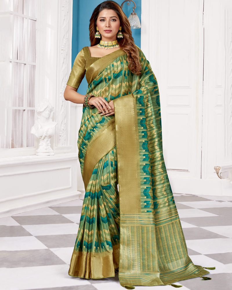 Vishal Prints Rama Green Poly Cotton Digital Print Saree With Fancy Border