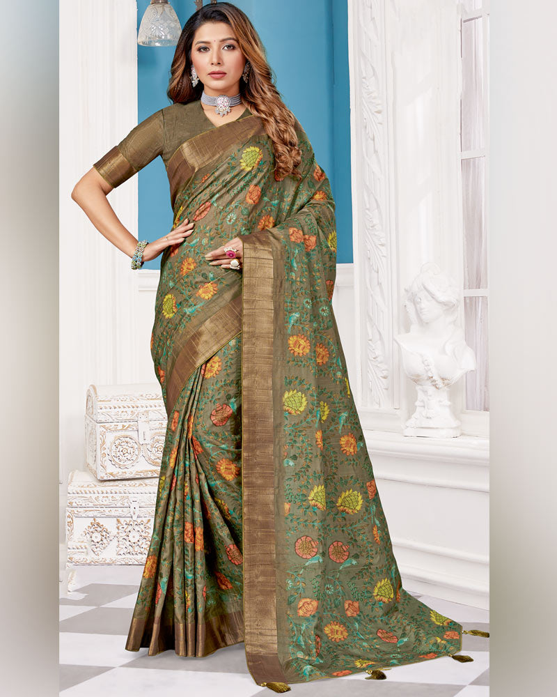 Vishal Prints Shadow Green Poly Cotton Digital Print Saree With Fancy Border