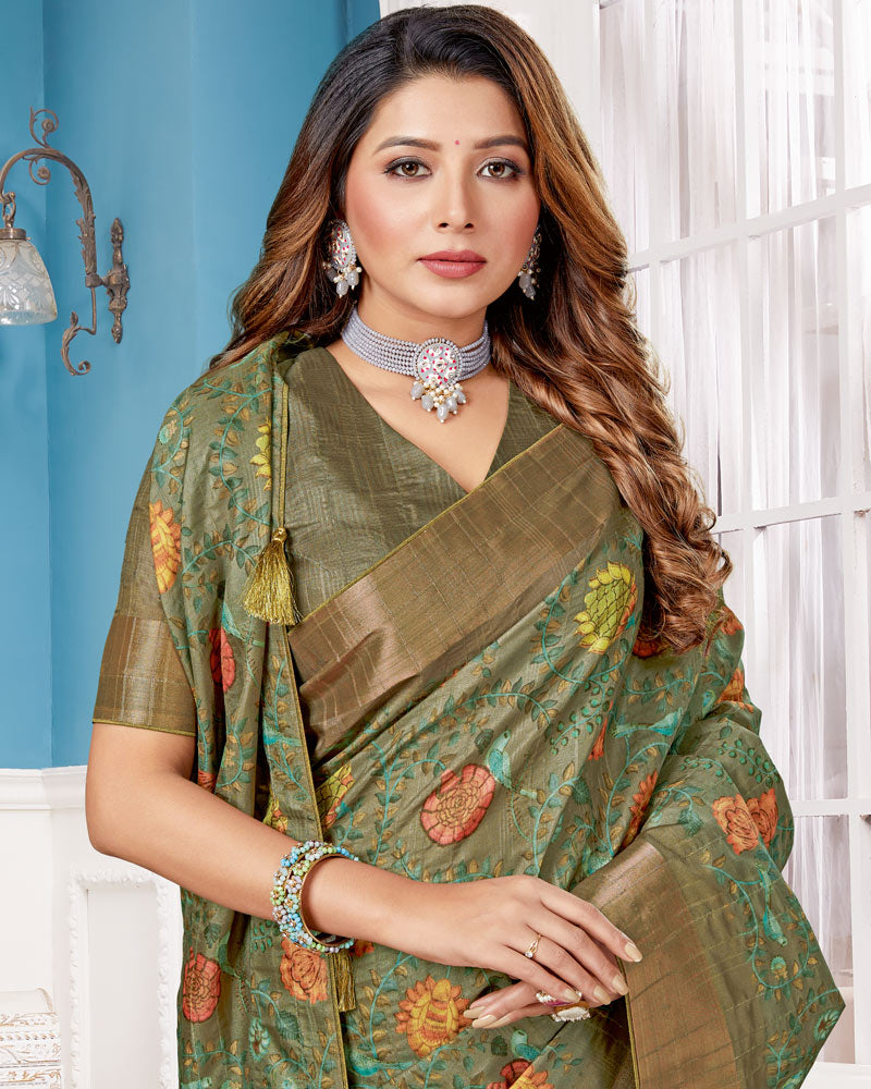 Vishal Prints Shadow Green Poly Cotton Digital Print Saree With Fancy Border