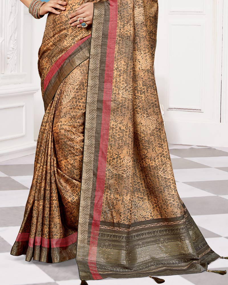 Vishal Prints Sand Brown Poly Cotton Digital Print Saree With Fancy Border