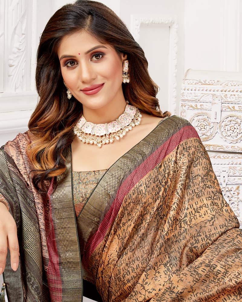 Vishal Prints Sand Brown Poly Cotton Digital Print Saree With Fancy Border