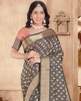 Vishal Prints Dark Grey Designer Poly Cotton Saree With Weaved Border And Tassel
