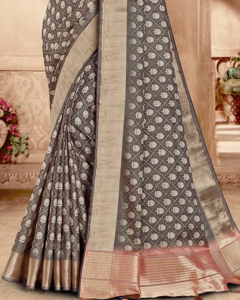 Vishal Prints Dark Grey Designer Poly Cotton Saree With Weaved Border And Tassel